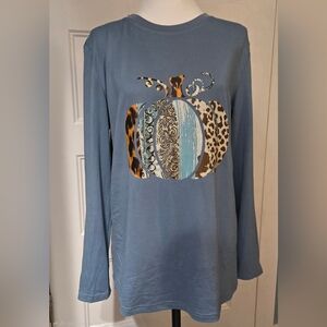 Blue Long Sleeve Shirt with Pumpkin Design